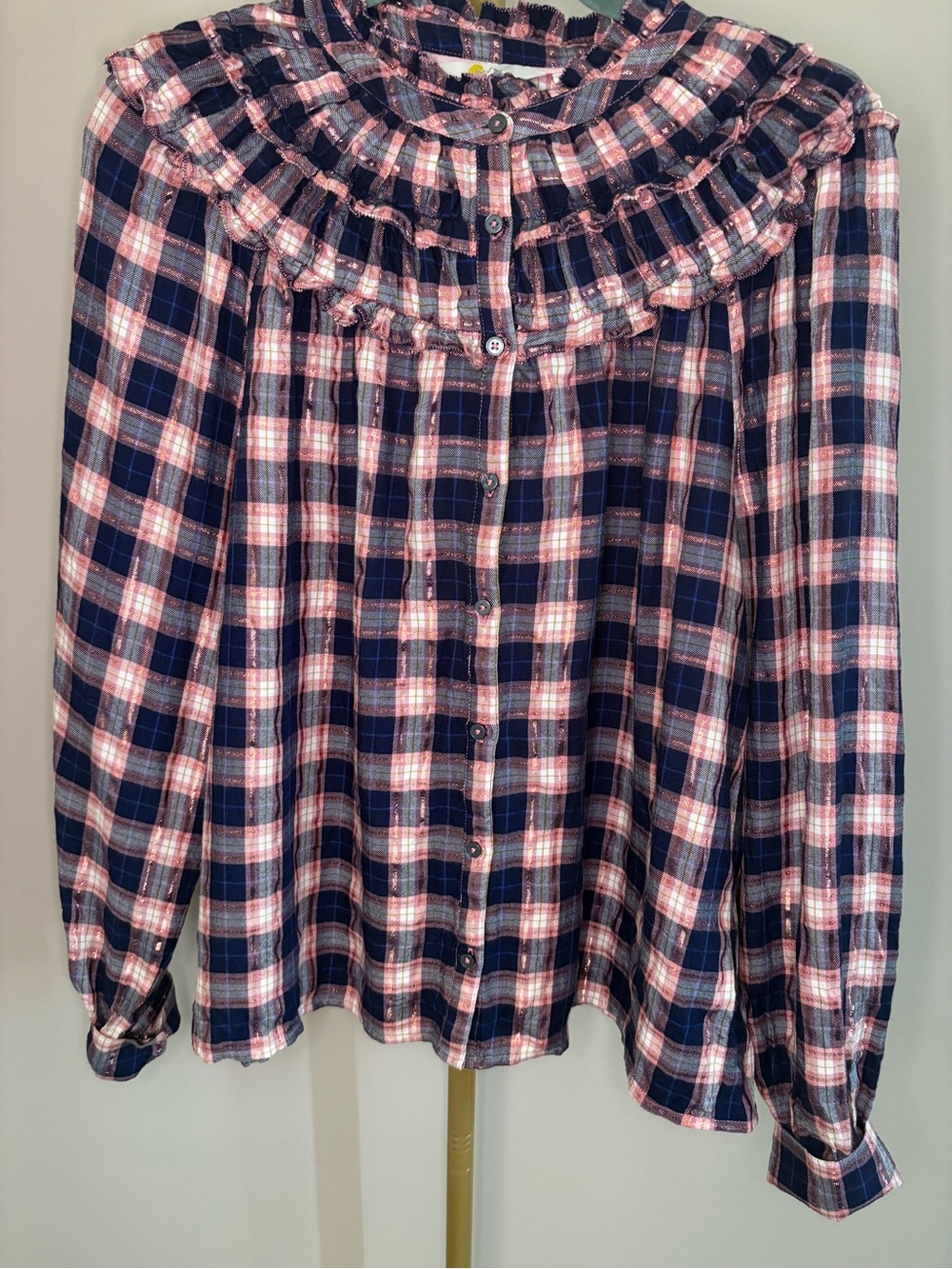 Boden Plaid Rose Gold Metallic Ruffle Collar Blouse